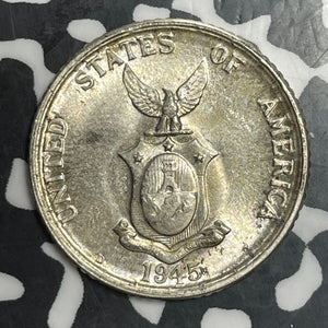 1945-D U.S. Philippines 20 Centavos Lot#T2662 Silver! High Grade! Beautiful!