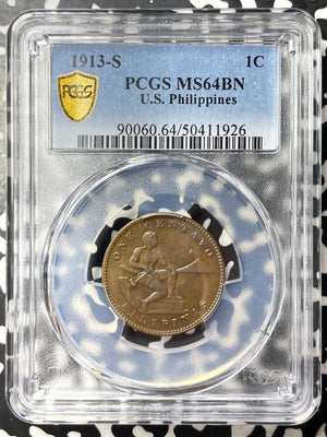 1913-S U.S. Philippines 1 Centavo PCGS MS64BN Lot#G8637 Choice UNC!