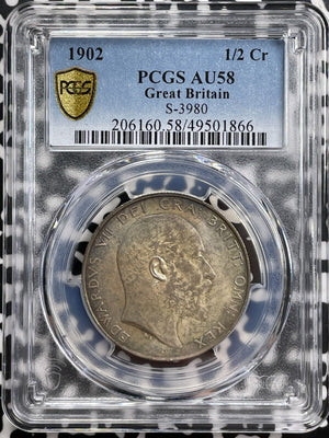 1902 G.B. 1/2 Half Crown PCGS AU58 Lot#G8011 Silver! Beautiful Toning! S-3980