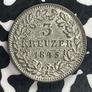 1845 Germany Baden 3 Kreuzer Lot#T8225 Silver! Nice!