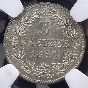 1866 Germany Hesse-Darmstadt 3 Kreuzer NGC MS63 Lot#G9135 Choice UNC!