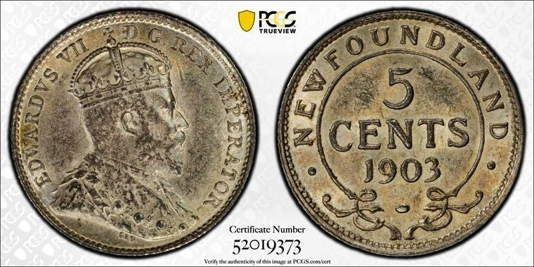 1903 Newfoundland 5 Cents PCGS MS62 Lot#G1512 Silver! Nice UNC! Better Date