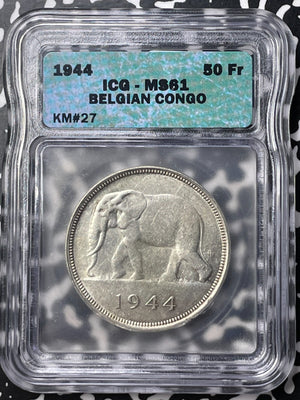 1944 Belgian Congo 50 Francs ICG MS61 Lot#MK95 Silver! Nice UNC! Elephant
