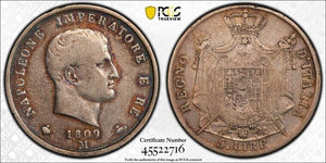 1809-M Italy Kingdom Of Napoleon 5 Lire PCGS VF30 Lot#G8759 Silver!