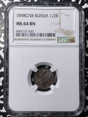 1898-CNB Russia 1/2 Kopek NGC MS64BN Lot#G8984 Choice UNC!