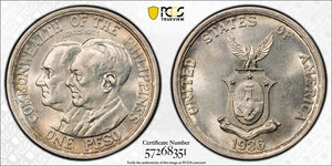 1936-M U.S. Philippines Roosevelt-Quezon 1 Peso PCGS MS64 Lot#G771 Silver!