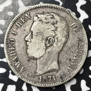 1871 Spain 5 Pesetas Lot#T2211 Large Silver Coin!