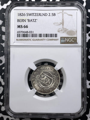 1826 Switzerland Bern 2 1/2 Batzen NGC MS66 Lot#G9104 Silver! Gem BU!