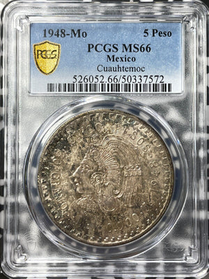 1948-Mo Mexico 5 Pesos PCGS MS66 Lot#G7923 Large Silver! Beautiful Toning!