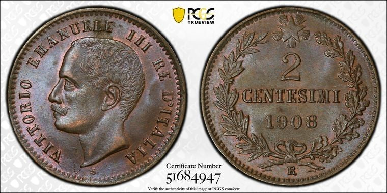 1908-R Italy 2 Centesimi PCGS MS63BN Lot#G2173 Choice UNC! KM#38
