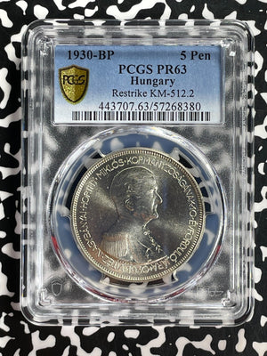 1930-BP Hungary 5 Pengo Restrike PCGS PR63 Lot#G778 Silver! Proof! KM#512.2