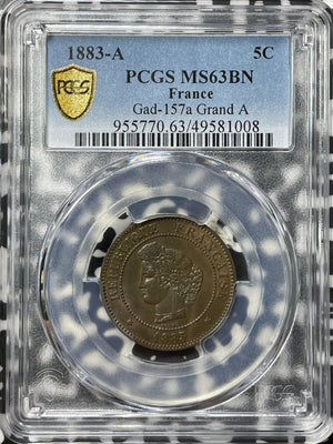 1883-A France 5 Centimes PCGS MS63BN Lot#G8132 Choice UNC! Gad-157a