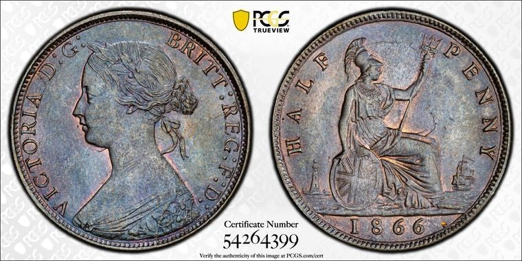 1866 Great Britain Victoria 1/2 Penny PCGS MS64BN Lot#G1757 Beautiful Toning!