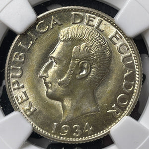 1934-Phila Ecuador 1 Sucre NGC MS64 Lot#G9489 Silver! Choice UNC!