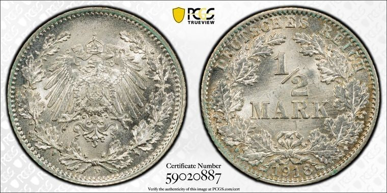 1918-D Germany 1/2 Mark PCGS MS67 Lot#G4050 Silver! Gem BU! J-16