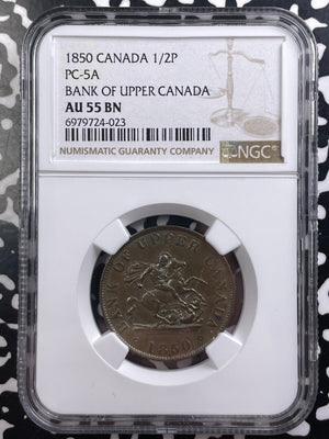 1850 Upper Canada 1/2 Penny Token NGC AU55BN Lot#G9140 PC-5A