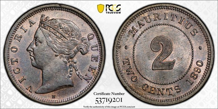 1890-H Mauritius 2 Cents PCGS MS64BN Lot#G3706 Choice UNC!