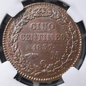 1837-M C Monaco 5 Centimes NGC AU55BN Lot#G9053 Small Head