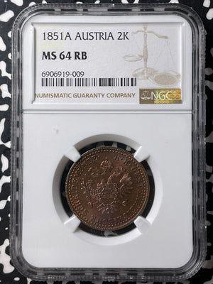 1851-A Austria 2 Kreuzer NGC MS64RB Lot#G8788 Choice UNC! Beautiful Toning!