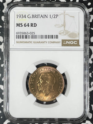 1934 Great Britain 1/2 Penny NGC MS64RD Lot#G003 Choice UNC!