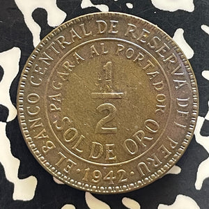 1942-S Peru 1/2 Sol Half Sol Lot#T5837 High Grade! Beautiful Toning! KM#220.3
