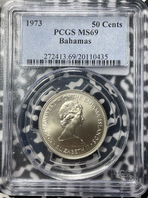 1973 Bahamas 50 Cents PCGS MS69 Lot#G8823 Silver! Gem BU! Top Graded!