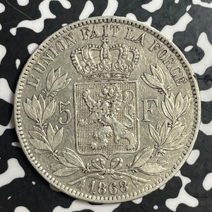 1868 Belgium 5 Francs Lot#T3166 Large Silver Coin!