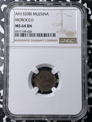 AH 1320 (1902-Birmingham) Morocco 1 Mazuna NGC MS64BN Lot#G9485 Choice UNC!