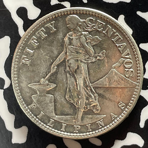 1920 U.S. Philippines 50 Centavos Lot#T5201 Silver! Old Cleaning