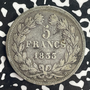 1833-D France 5 Francs Lot#T8317 Large Silver Coin!