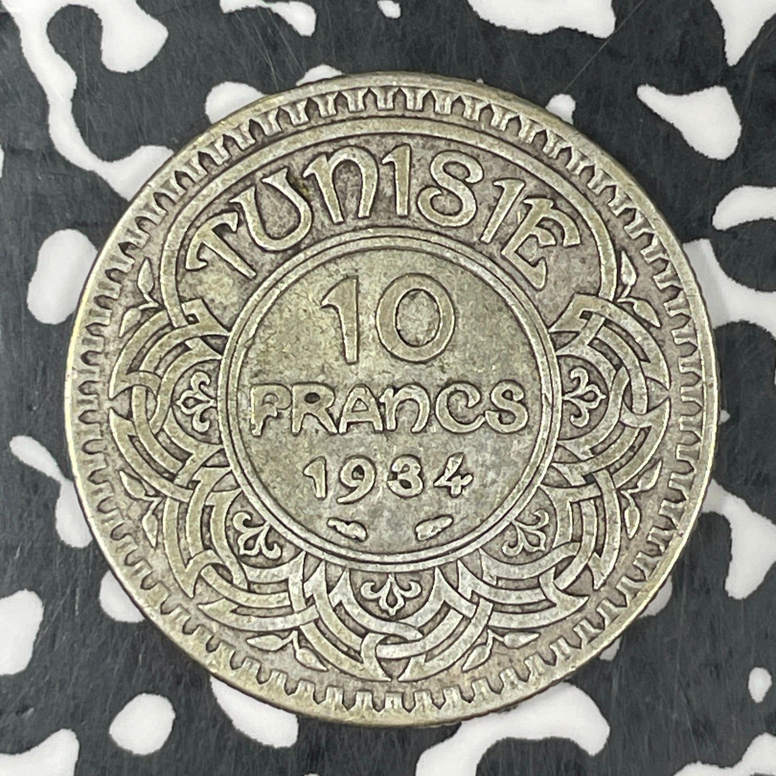 1934 Tunisia 10 Francs Lot#JM0485 Silver! Scarce! KM#825