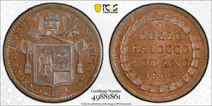 1834-B Papal States 1/2 Baiocco PCGS MS65+BN Lot#G8237 Solo Top Graded! KM#1313