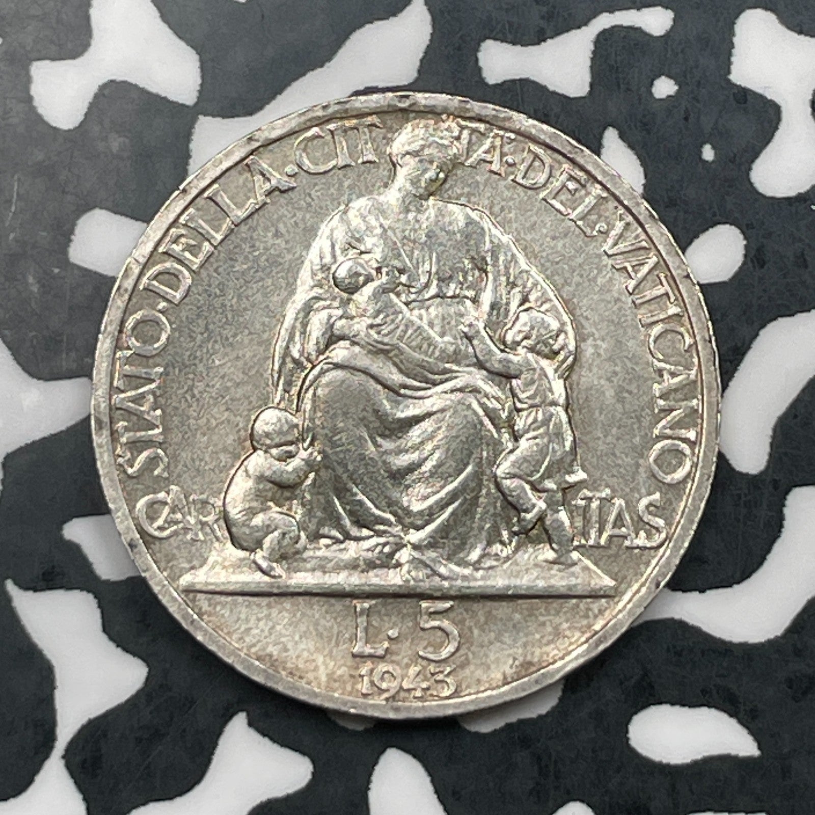 1943 Vatican City 5 Lire Lot#JM2230 Silver! Beautiful Det, Scratches. 1000 Mint.