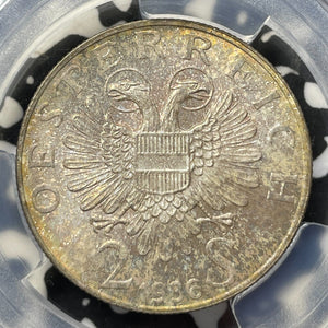 1936 Austria Eugene 2 Schilling PCGS MS64 Lot#G8139 Silver! Beautiful Toning!