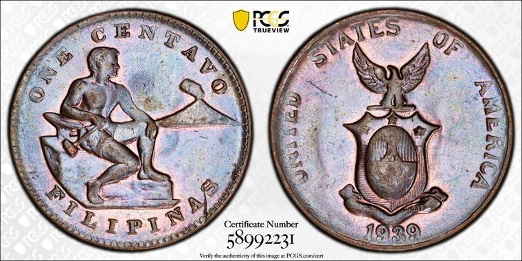 1939-M U.S. Philippines 1 Centavo PCGS MS63BN Lot#G3925 Choice UNC!