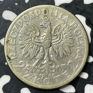 1934 Poland 2 Zlote Lot#E7031 Silver! Y#20