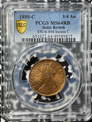 1880-C India 1/4 Anna PCGS MS64RB Lot#G7705 Choice UNC! SW-6.494, Incuse 'C'