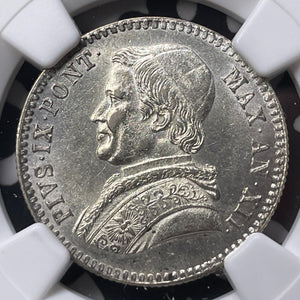 1858-B Papal States 20 Baiocchi NGC MS61 Lot#G9030 Silver! Top Graded! KM#1337a