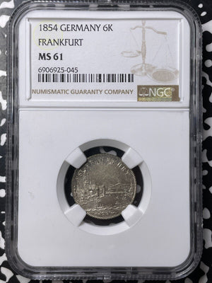 1854 Germany Frankfurt City View 6 Kreuzer NGC MS61 Lot#G8903 Nice UNC!