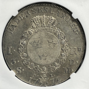 1776/5-OL Sweden 1 Riksdaler NGC AU53 Lot#G960 Large Silver! DAV-1735