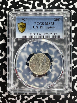 1920 U.S. Philippines 20 Centavos PCGS MS63 Lot#G879 Silver! Choice UNC!