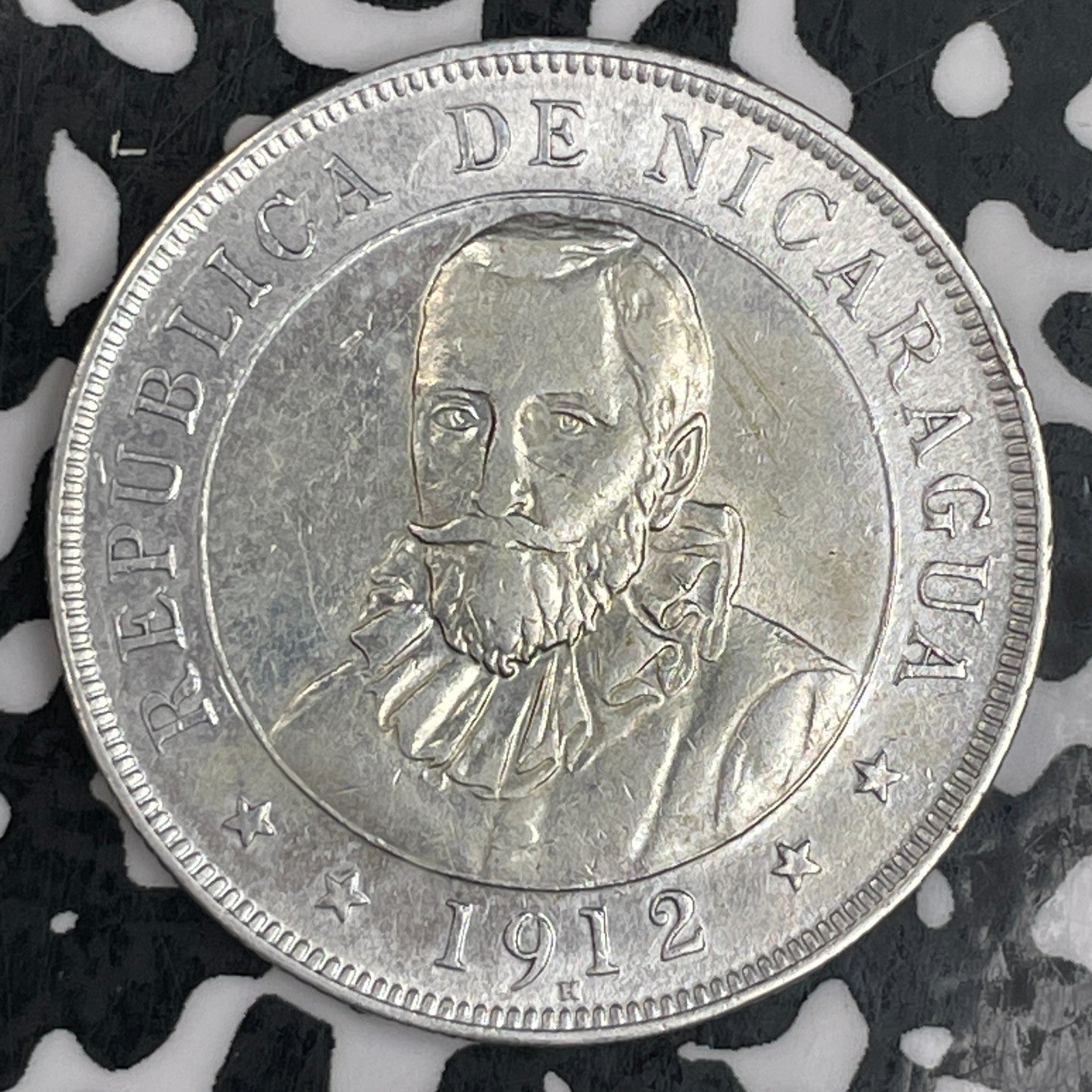 1912 Nicaragua 50 Centavos Lot#N0592 Silver! Nice Detail, Old Cleaning