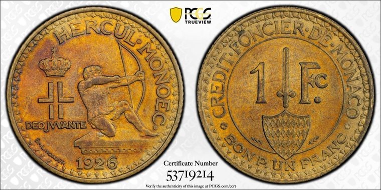 1926 Monaco 1 Franc PCGS MS64 Lot#G3660 Choice UNC! Gad-MC128