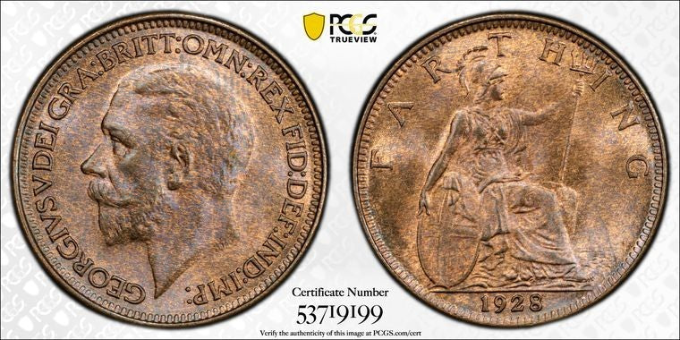 1928 Great Britain Farthing PCGS MS65RB Lot#G3650 Gem BU! S-4061