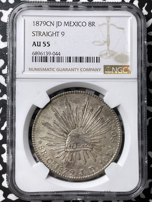 1879-Cn JD Mexico 8 Reales NGC AU55 Lot#G8076 Large Silver! Straight '9'