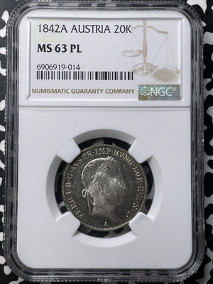 1842-A Austria 20 Kreuzer NGC PL63 Lot#G8793 Silver! Top Graded!