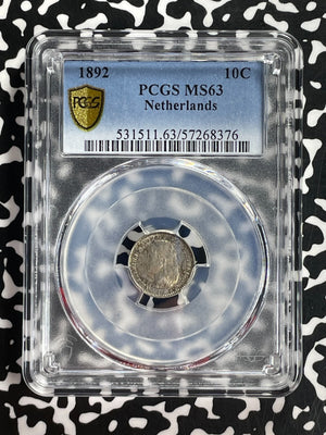 1892 Netherlands 10 Cents PCGS MS63 Lot#G774 Silver! Choice UNC!