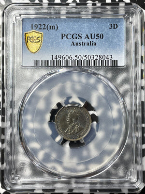 1922 Australia 3 Pence Threepence PCGS AU50 Lot#G7889 Silver!