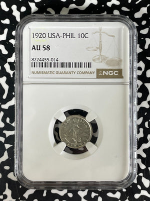 1920 U.S. Philippines 10 Centavos NGC AU58 Lot#G177 Silver! Key Date!