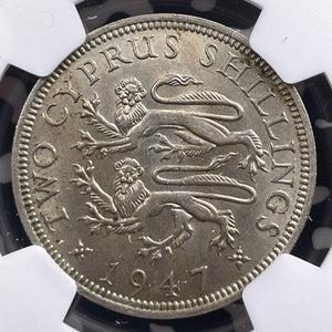 1947 Cyprus 2 Shillings/1 Florin NGC MS62 Lot#G9155 Nice UNC!